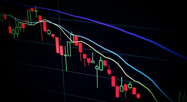 Close-up of a candlestick chart showing currency trading fluctuations