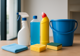 various cleaning supplies including bottles, sponges, and a bucket arranged on a wooden surface