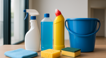 various cleaning supplies including bottles, sponges, and a bucket arranged on a wooden surface