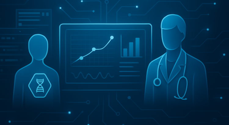 abstract illustration of a healthcare theme with DNA and data analytics